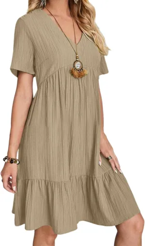 Women's V Neck Short Sleeve Ruffle Hem Mini Dress 2025 Summer Elegant Soft Boho Flowy A-Line Solid Chiffon Tunic Dresses