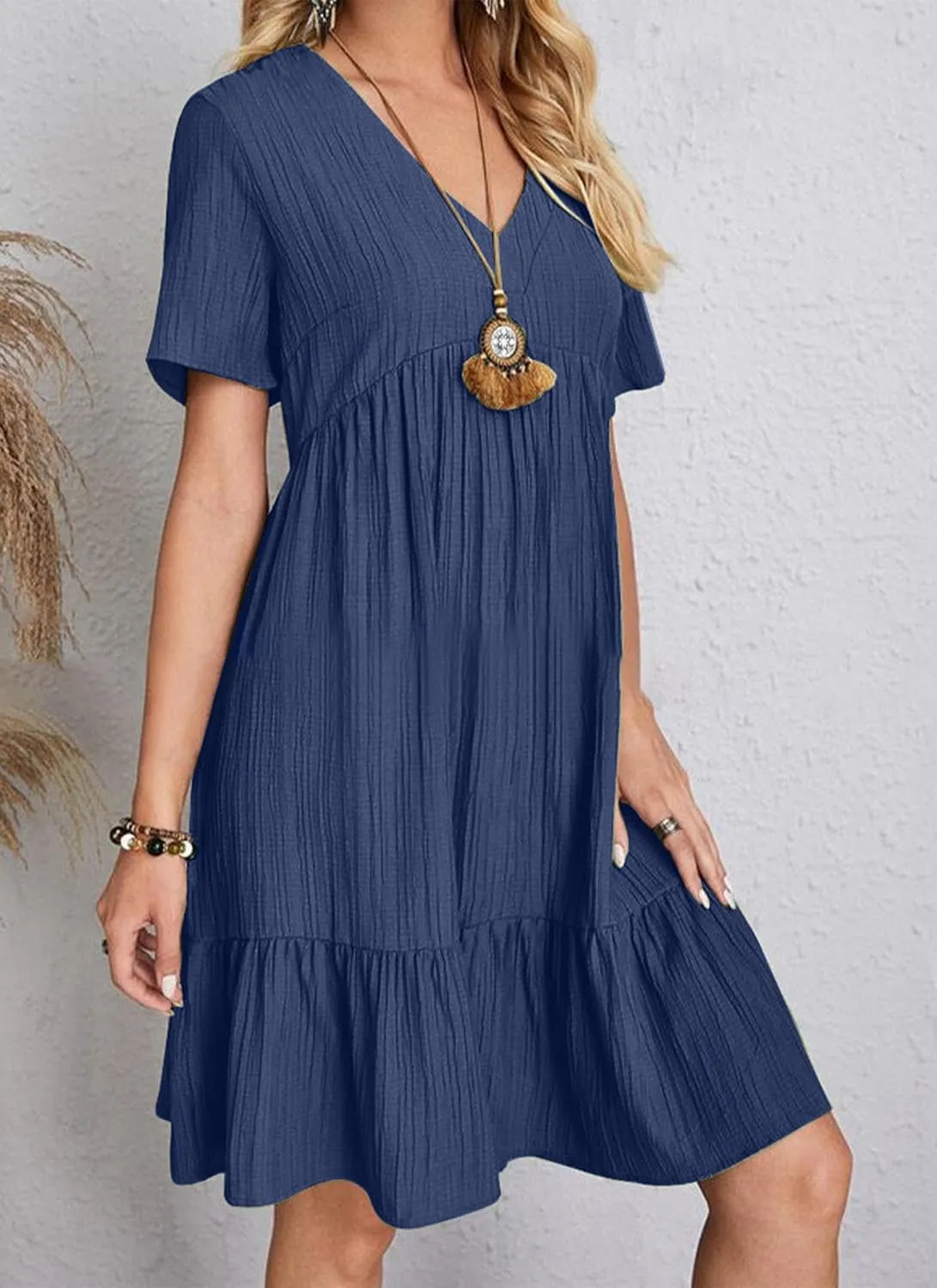 Women's V Neck Short Sleeve Ruffle Hem Mini Dress 2025 Summer Elegant Soft Boho Flowy A-Line Solid Chiffon Tunic Dresses