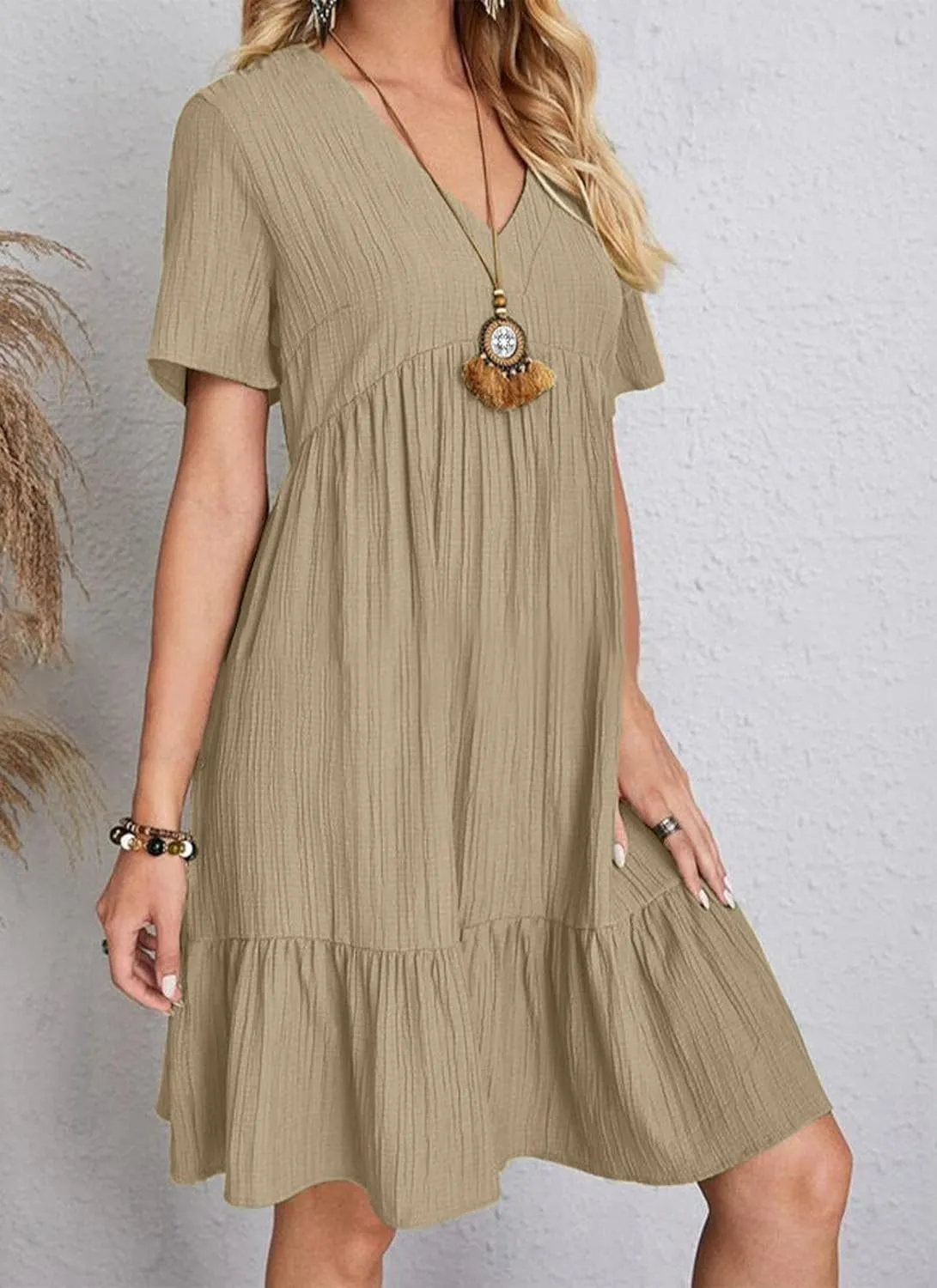 Women's V Neck Short Sleeve Ruffle Hem Mini Dress 2025 Summer Elegant Soft Boho Flowy A-Line Solid Chiffon Tunic Dresses