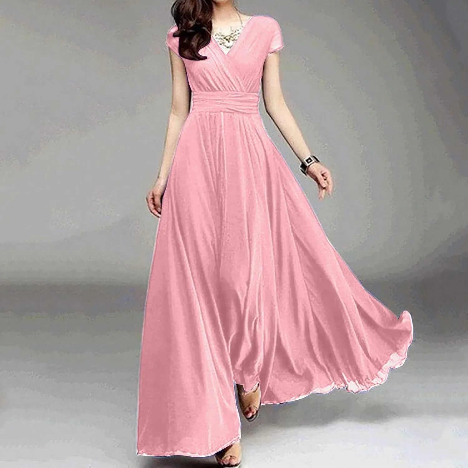 Women's V-Neck Solid Color Short Sleeve Chiffon Waist Closing Evening Dress Clothing Oversized