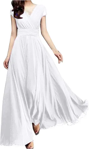 Women's V-Neck Solid Color Short Sleeve Chiffon Waist Closing Evening Dress Clothing Oversized