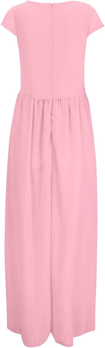 Women's V-Neck Solid Color Short Sleeve Chiffon Waist Closing Evening Dress Clothing Oversized