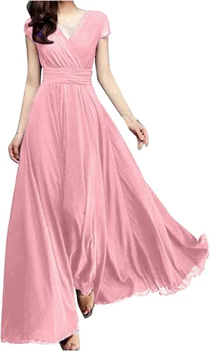 Women's V-Neck Solid Color Short Sleeve Chiffon Waist Closing Evening Dress Clothing Oversized