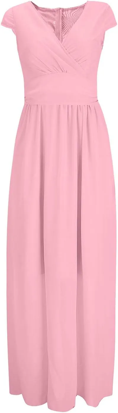 Women's V-Neck Solid Color Short Sleeve Chiffon Waist Closing Evening Dress Clothing Oversized