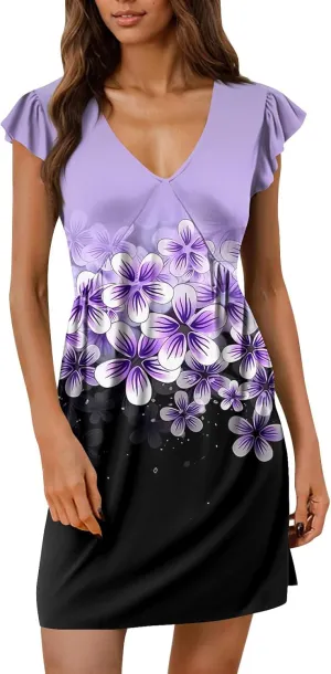 Womens V Neck Summer Dress Ruched Ruffle Sleeve Floral Mini Dress Boho Flowy Cute Elegant Tunic Graphic T Shirt Dress