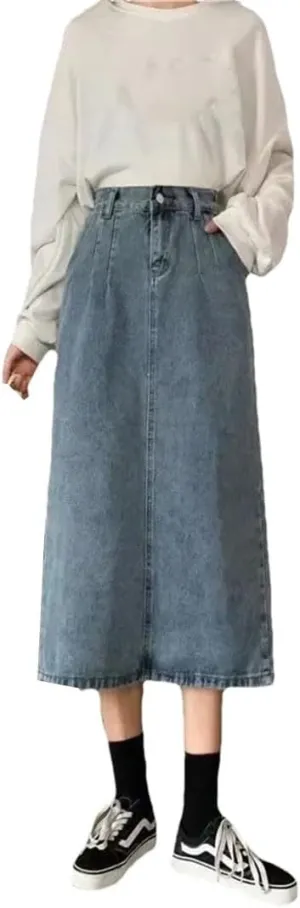 Women's Vintage Slimming Denim Skirt Medium-Length High-Waisted A- Line Plus Size Opened Mouth Skirt