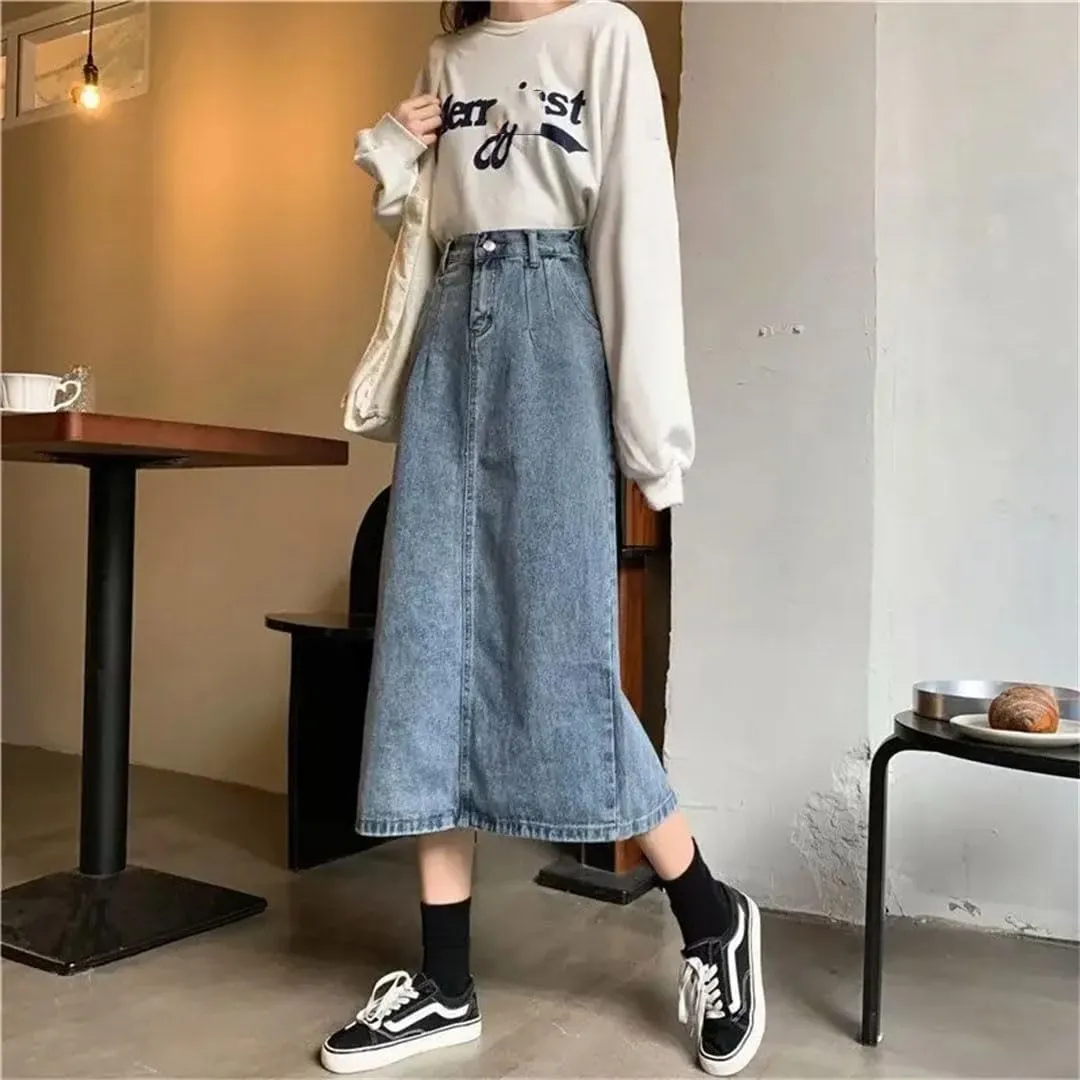 Women's Vintage Slimming Denim Skirt Medium-Length High-Waisted A- Line Plus Size Opened Mouth Skirt