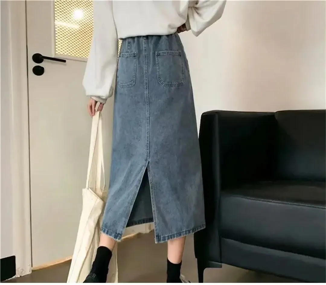 Women's Vintage Slimming Denim Skirt Medium-Length High-Waisted A- Line Plus Size Opened Mouth Skirt