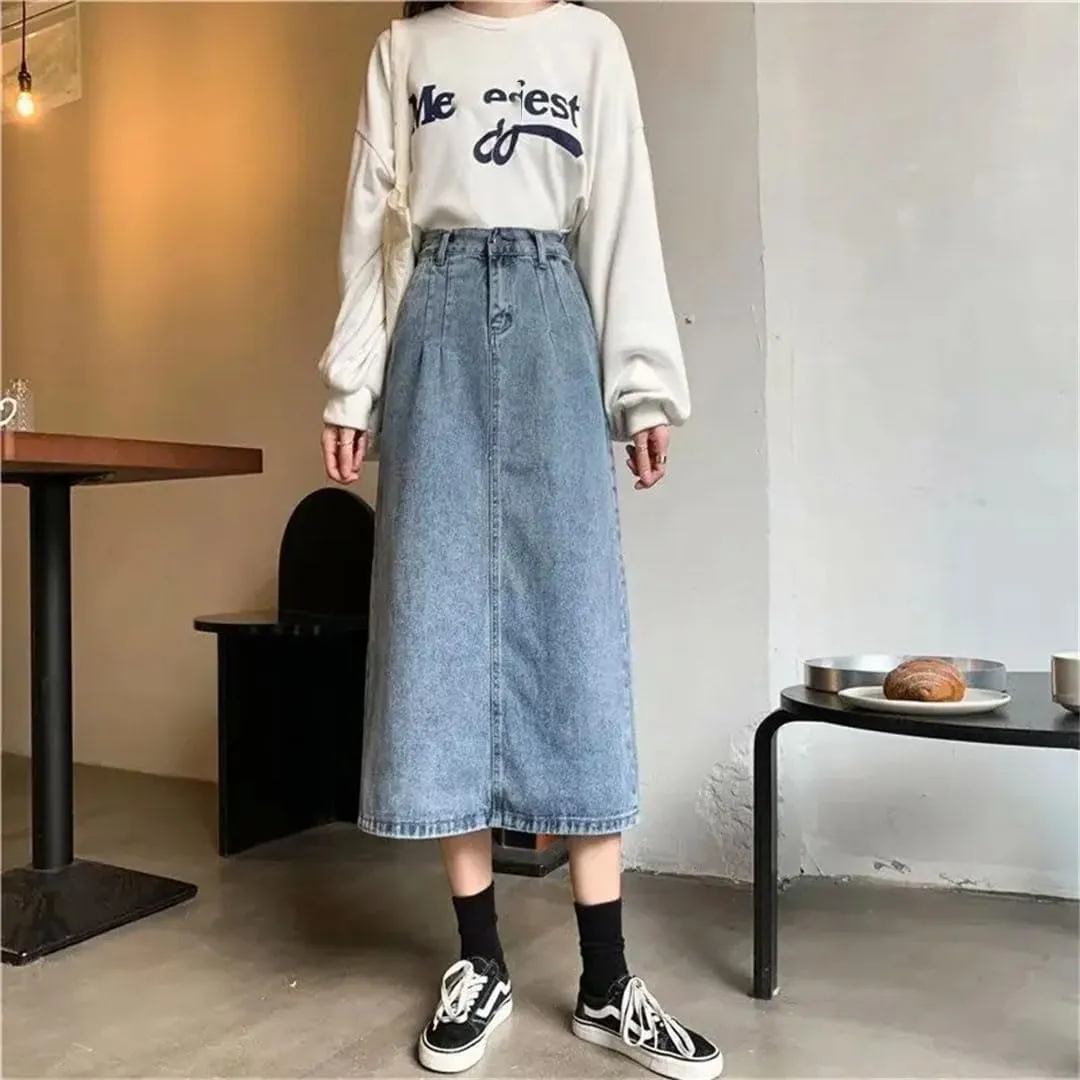 Women's Vintage Slimming Denim Skirt Medium-Length High-Waisted A- Line Plus Size Opened Mouth Skirt