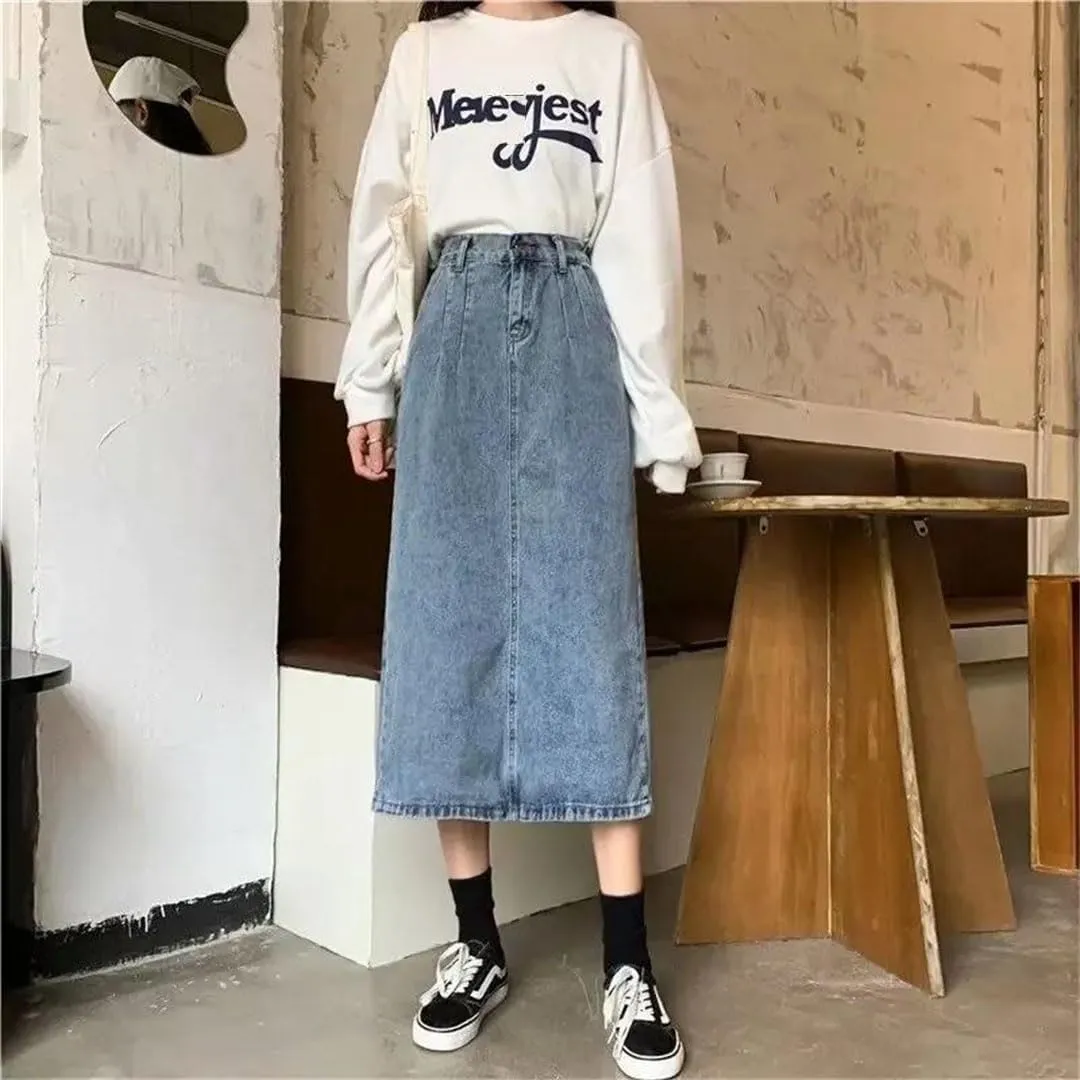 Women's Vintage Slimming Denim Skirt Medium-Length High-Waisted A- Line Plus Size Opened Mouth Skirt
