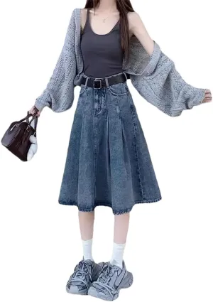 Women's Vintage Style Denim Skirt High-Waisted Casual Mid-Length A- Line Elegant Skirt