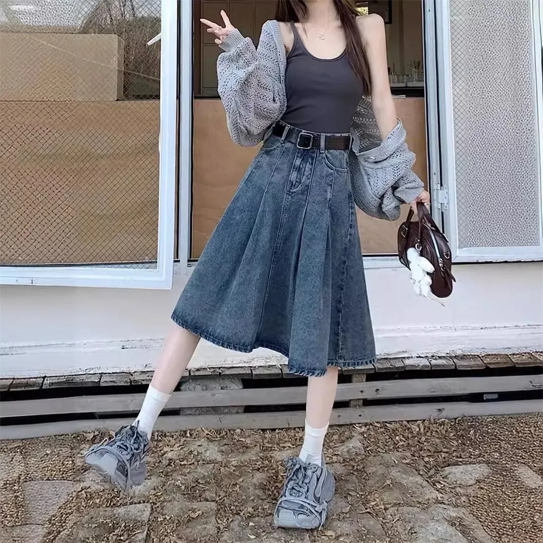 Women's Vintage Style Denim Skirt High-Waisted Casual Mid-Length A- Line Elegant Skirt