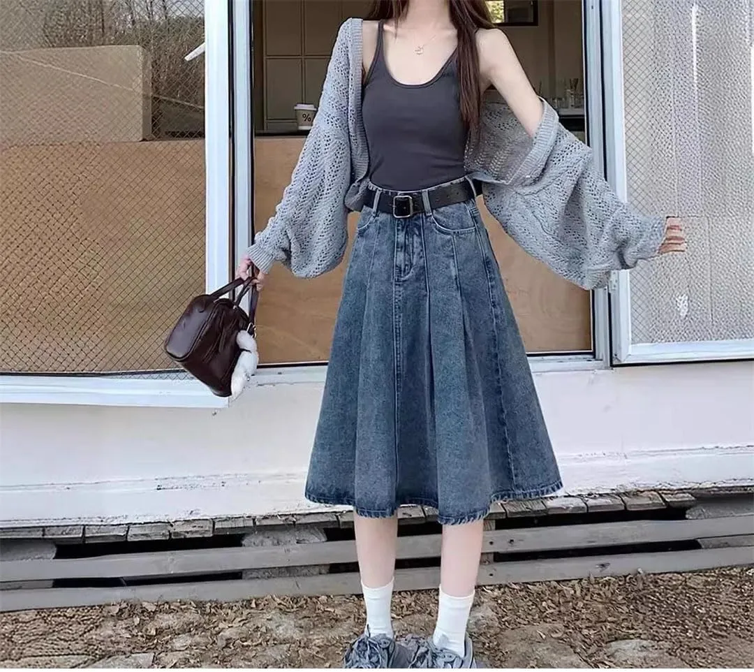 Women's Vintage Style Denim Skirt High-Waisted Casual Mid-Length A- Line Elegant Skirt
