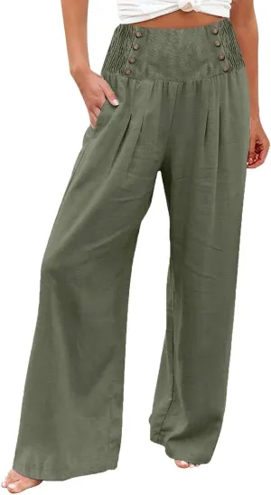 Women's Wide Leg Pants High Waist Linen Trousers Solid Elastic Waist Slim Fit Pants with Pockets Loose Lounge Pants