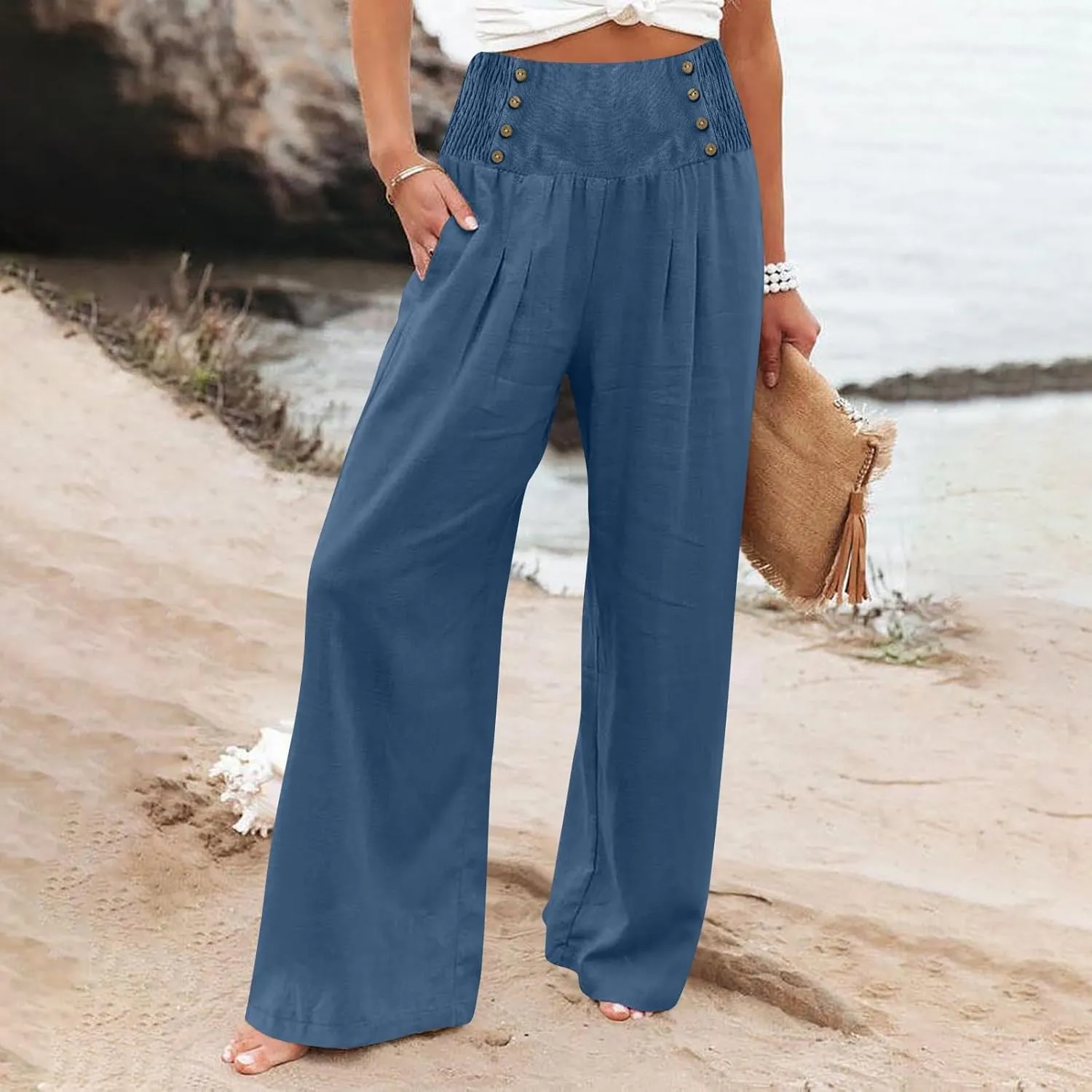 Women's Wide Leg Pants High Waist Linen Trousers Solid Elastic Waist Slim Fit Pants with Pockets Loose Lounge Pants