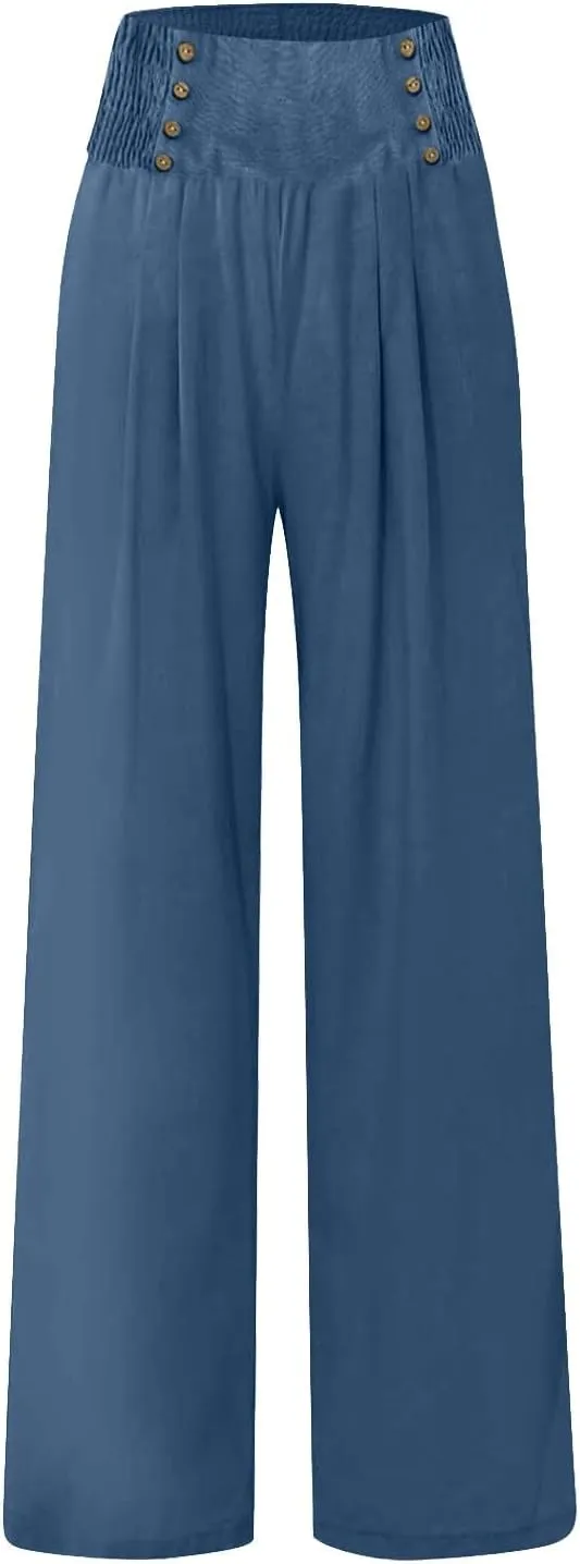 Women's Wide Leg Pants High Waist Linen Trousers Solid Elastic Waist Slim Fit Pants with Pockets Loose Lounge Pants