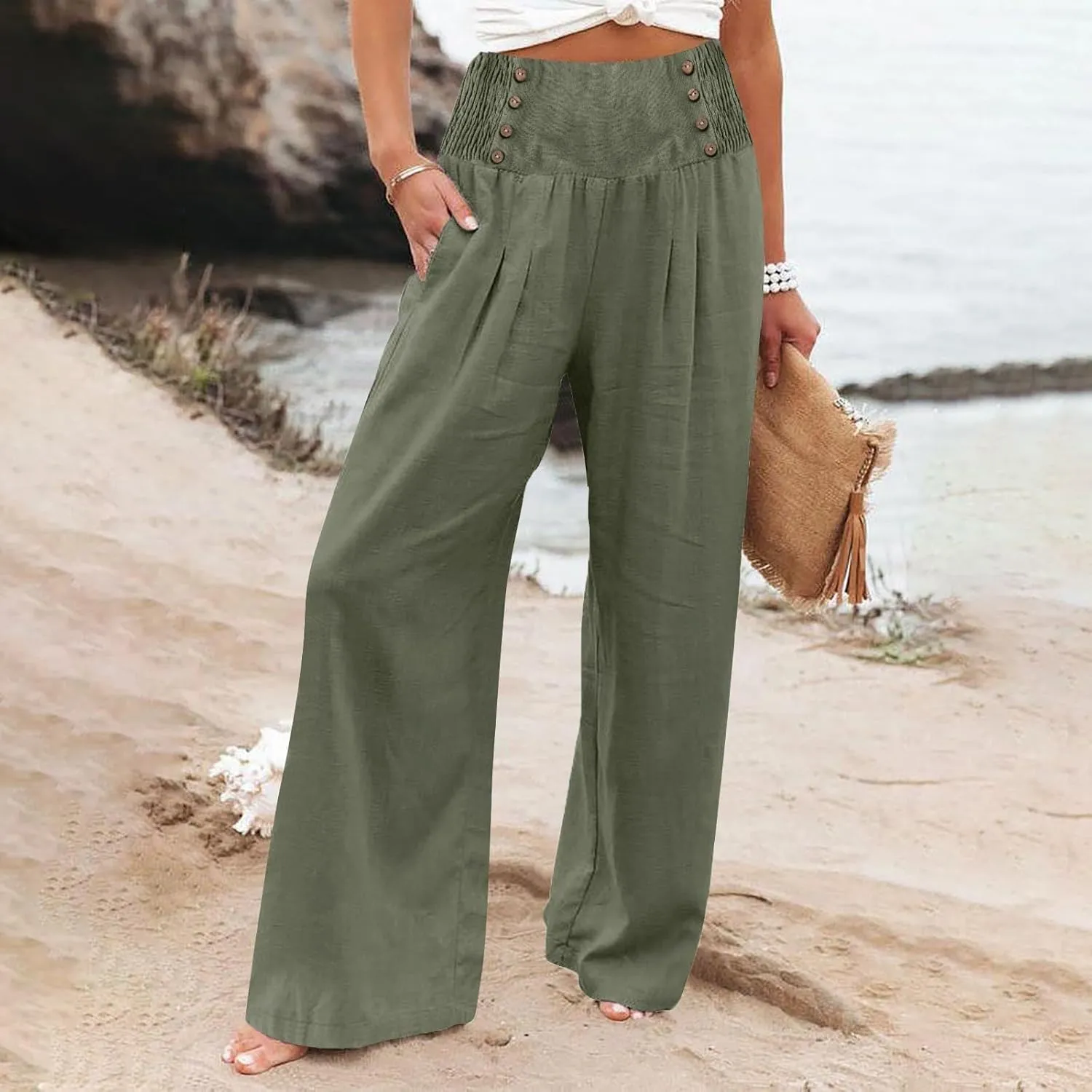 Women's Wide Leg Pants High Waist Linen Trousers Solid Elastic Waist Slim Fit Pants with Pockets Loose Lounge Pants