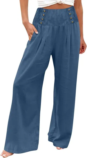 Women's Wide Leg Pants High Waist Linen Trousers Solid Elastic Waist Slim Fit Pants with Pockets Loose Lounge Pants