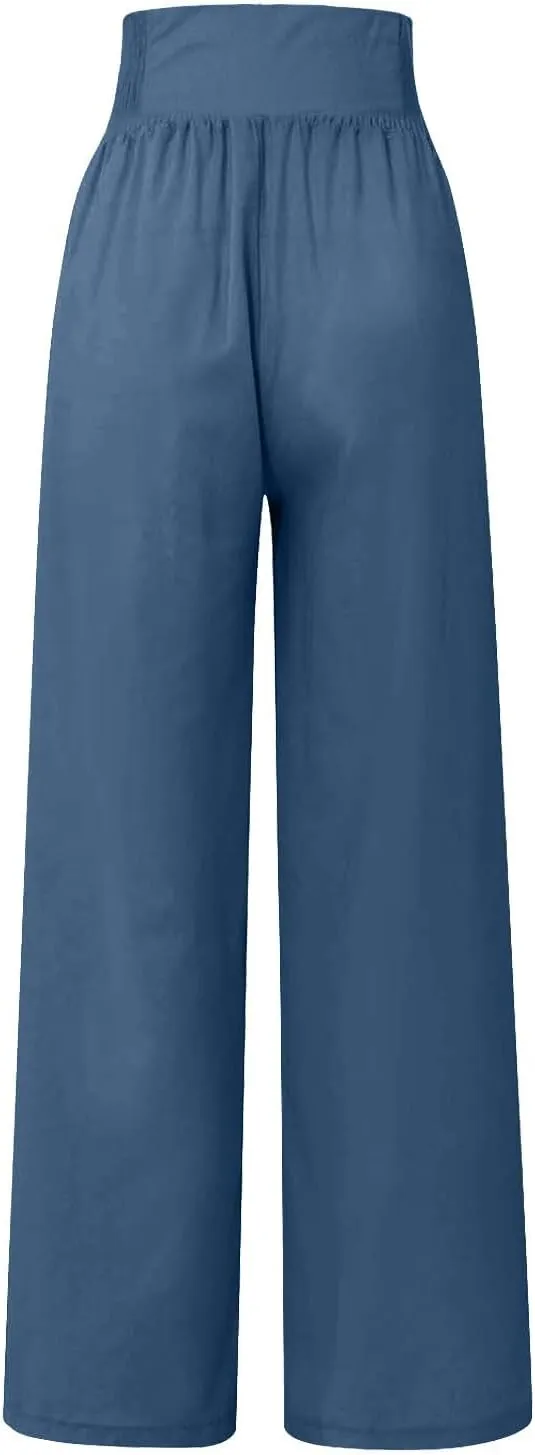 Women's Wide Leg Pants High Waist Linen Trousers Solid Elastic Waist Slim Fit Pants with Pockets Loose Lounge Pants