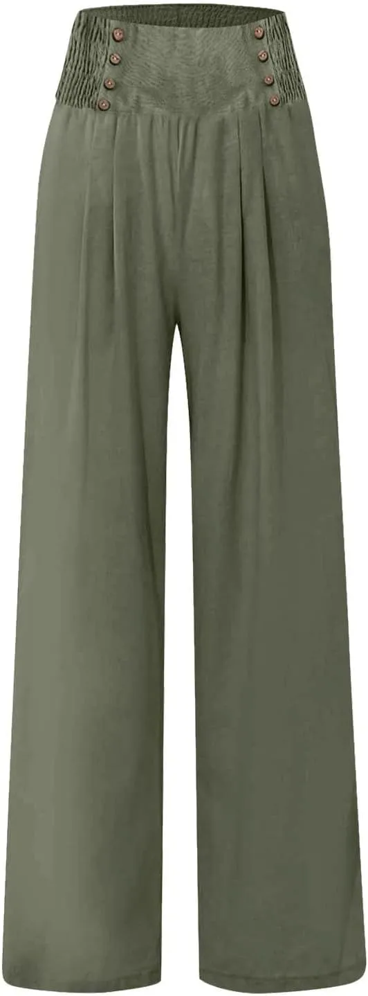 Women's Wide Leg Pants High Waist Linen Trousers Solid Elastic Waist Slim Fit Pants with Pockets Loose Lounge Pants