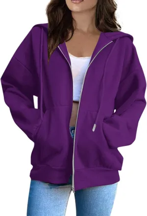 Women's Zip Up Hoodie Long Sleeve Oversized Sweatshirt Fall Lightweight Jacket Pockets Ladies Sweatshirts for Women