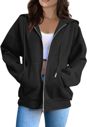 Womens Zip Up Hoodies Solid Color Long Sleeve Sweatshirts Casual Loose Lightweight Jacket with Pockets