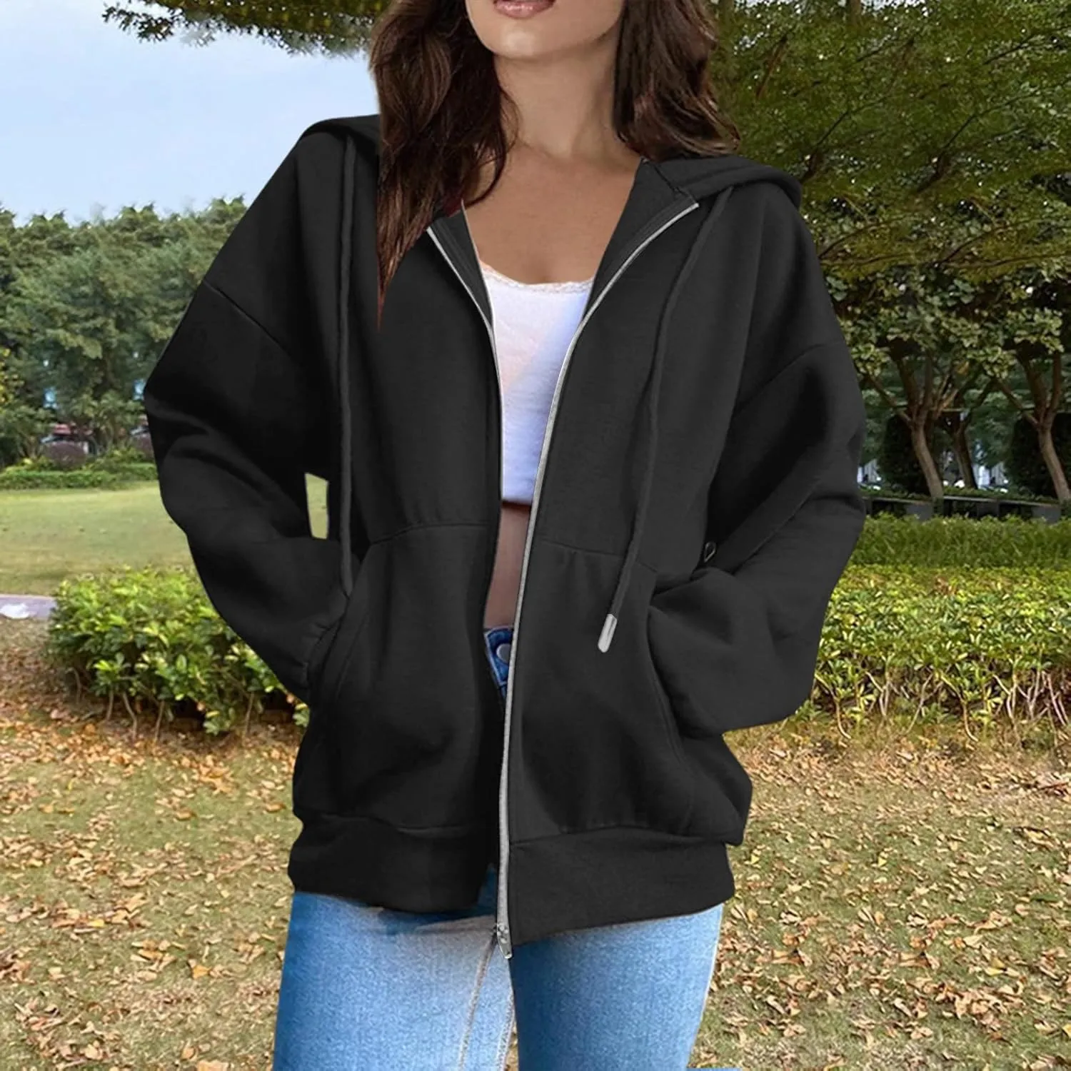 Womens Zip Up Hoodies Solid Color Long Sleeve Sweatshirts Casual Loose Lightweight Jacket with Pockets