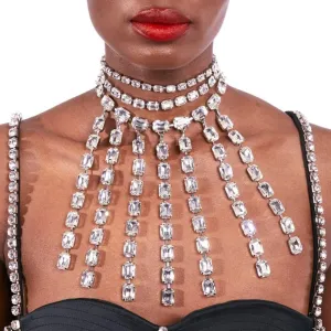 Xerling Large Crystal Tassels Dangling Bohemian Bib Necklaces for Women Oversized Layered Chain Necklaces for Photo Shoot Statement Choker Necklaces (Silver)