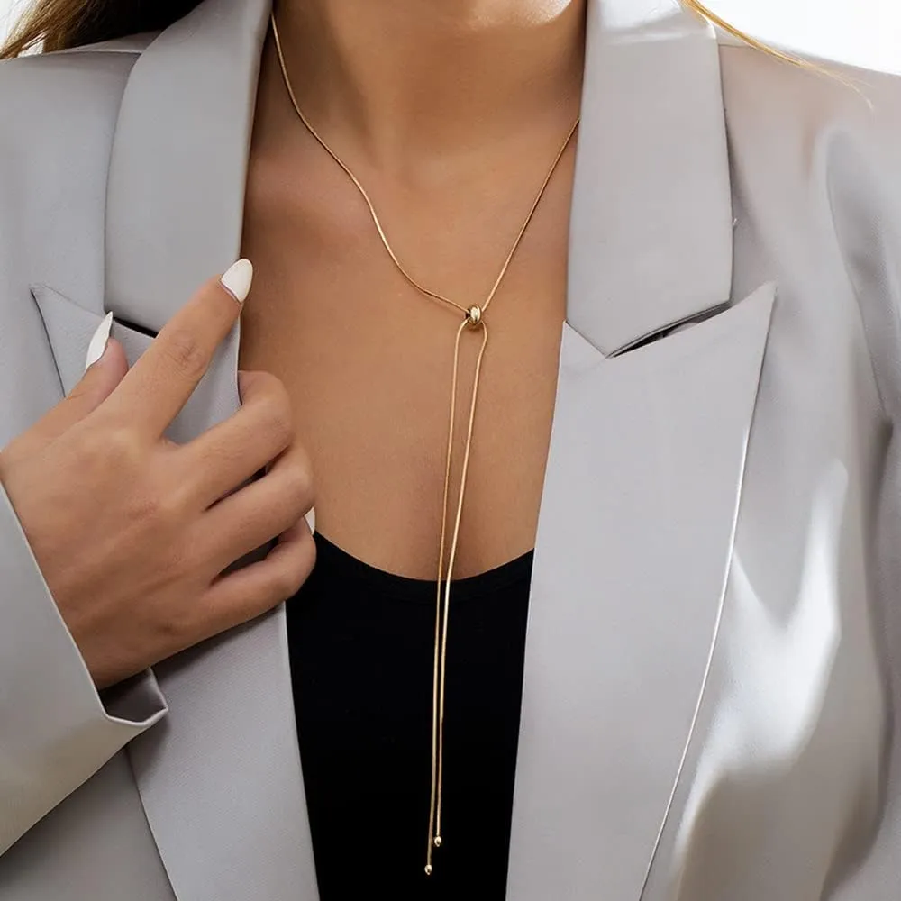 Xerling Simple Boho Y-Necklaces for Women Gold Silver Long Pendant Pull-out Adjustable Slider Necklaces Thin Chain Minimalist Necklaces (Gold)