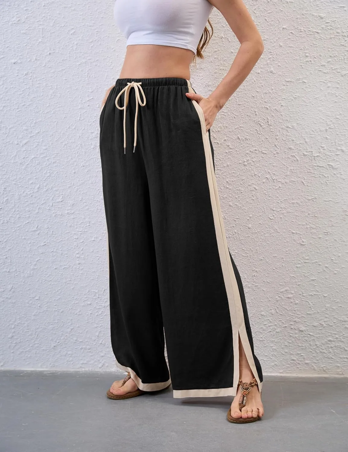 Xiaoxuemeng Wide Leg Pants for Women Casual Linen Side Striped Baggy Pants Elastic Waisted Trousers with Pockets