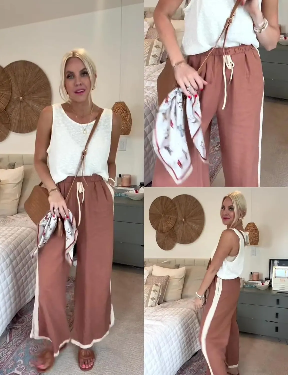 Xiaoxuemeng Wide Leg Pants for Women Casual Linen Side Striped Baggy Pants Elastic Waisted Trousers with Pockets