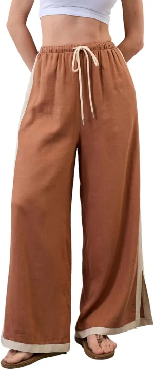 Xiaoxuemeng Wide Leg Pants for Women Casual Linen Side Striped Baggy Pants Elastic Waisted Trousers with Pockets