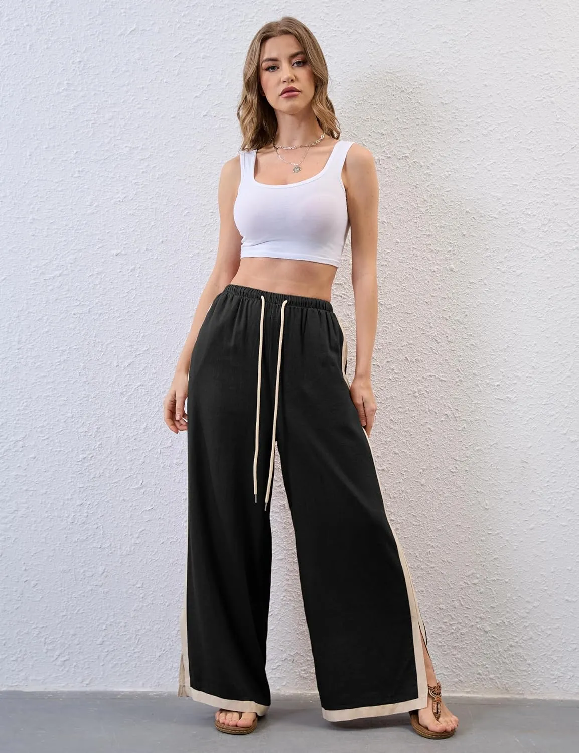 Xiaoxuemeng Wide Leg Pants for Women Casual Linen Side Striped Baggy Pants Elastic Waisted Trousers with Pockets