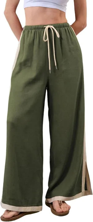 Xiaoxuemeng Wide Leg Pants for Women Casual Linen Side Striped Baggy Pants Elastic Waisted Trousers with Pockets