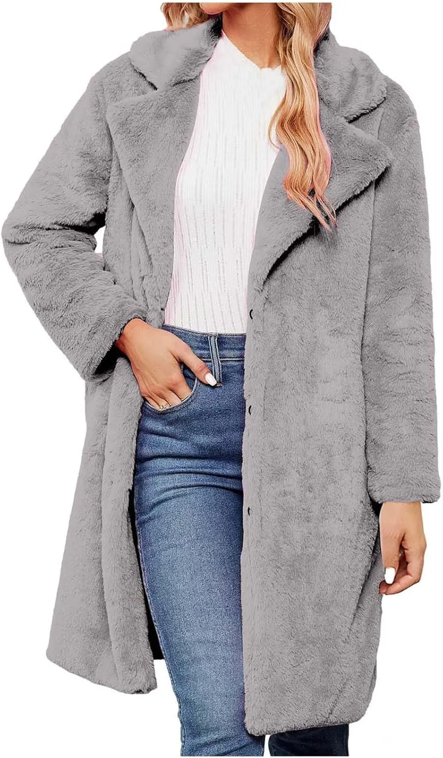 XUNRYAN Womens Faux-Fur Coat Long Jackets Notch Lapel Trench Coat Plush Coat Casual Button Overcoat Outwear Fashion Clothes
