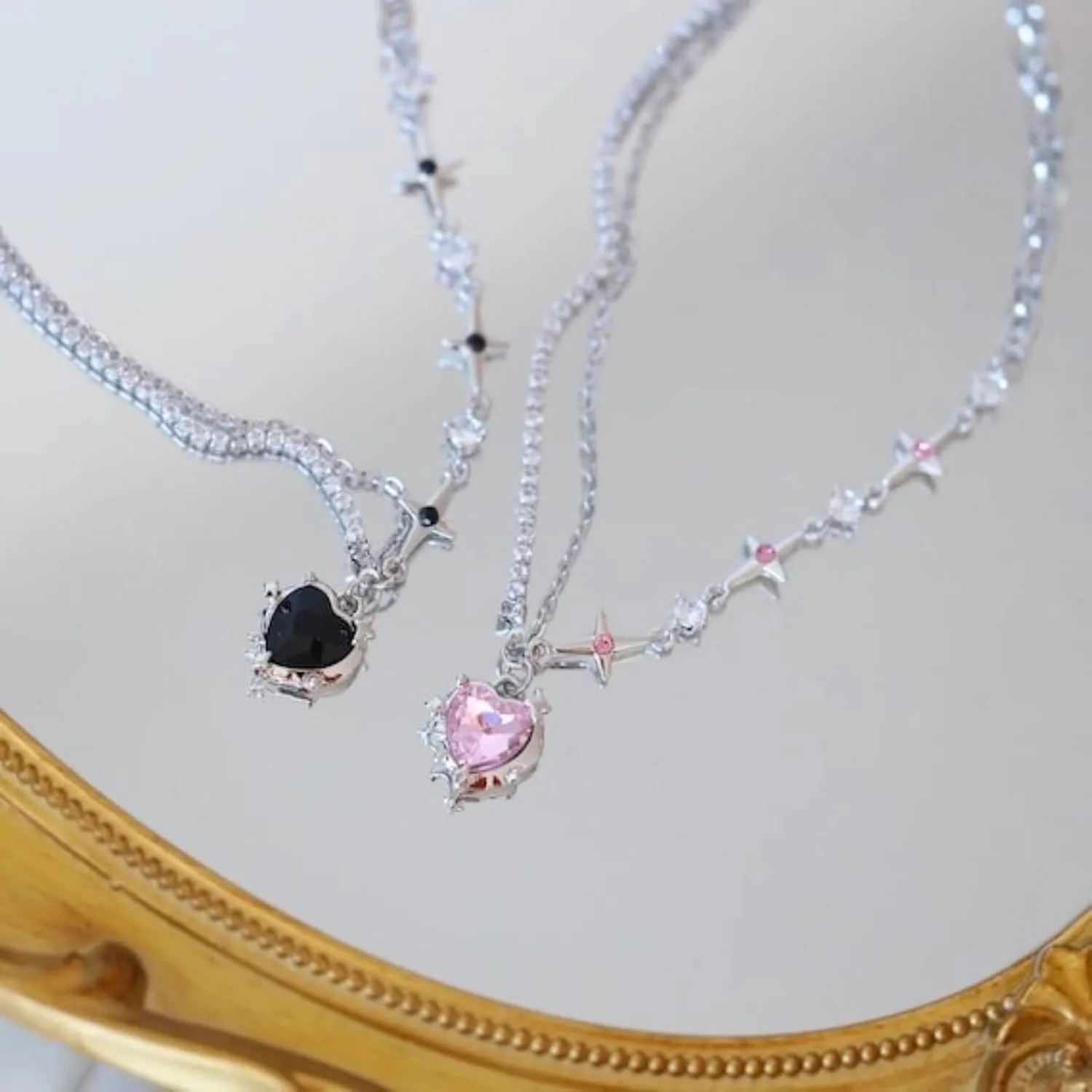 Y2K Heart Diamond Necklaces For Women Crystal Silver Pendant Aesthetic Asymmetric Necklaces
