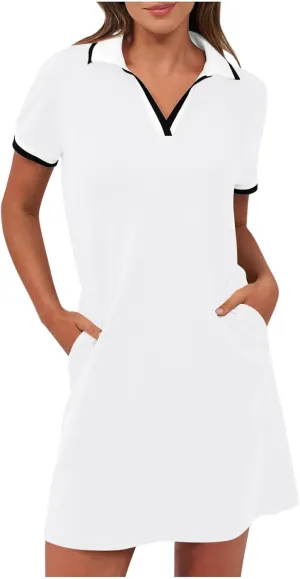 yardsong Golf Dresses for Women Tennis Workout Mini Dress Summer Casual Short Sleeve Collared V Neck Shirt Dress with Pockets