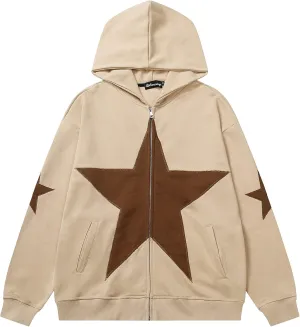 YEOU Women Star Print Zip Up Loose Fit Hoodies Y2K Retro Harajuku Oversized Hip Hop Gothic Punk Sweatshirts