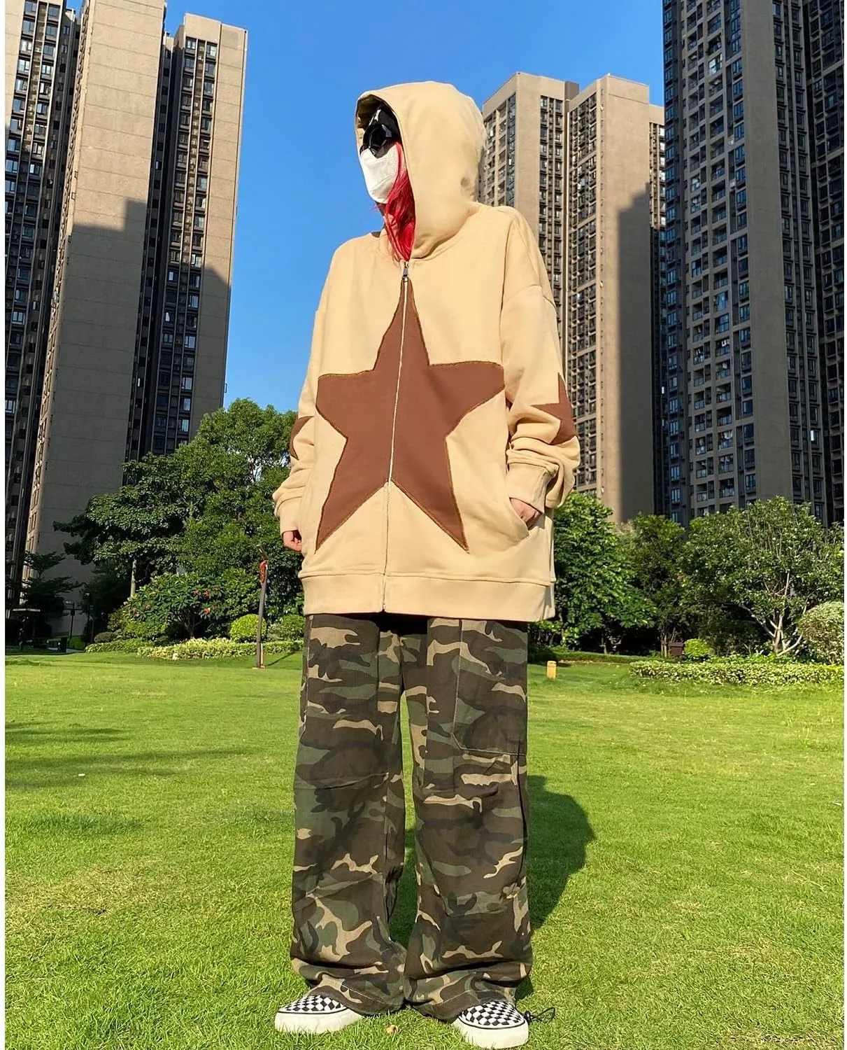 YEOU Women Star Print Zip Up Loose Fit Hoodies Y2K Retro Harajuku Oversized Hip Hop Gothic Punk Sweatshirts