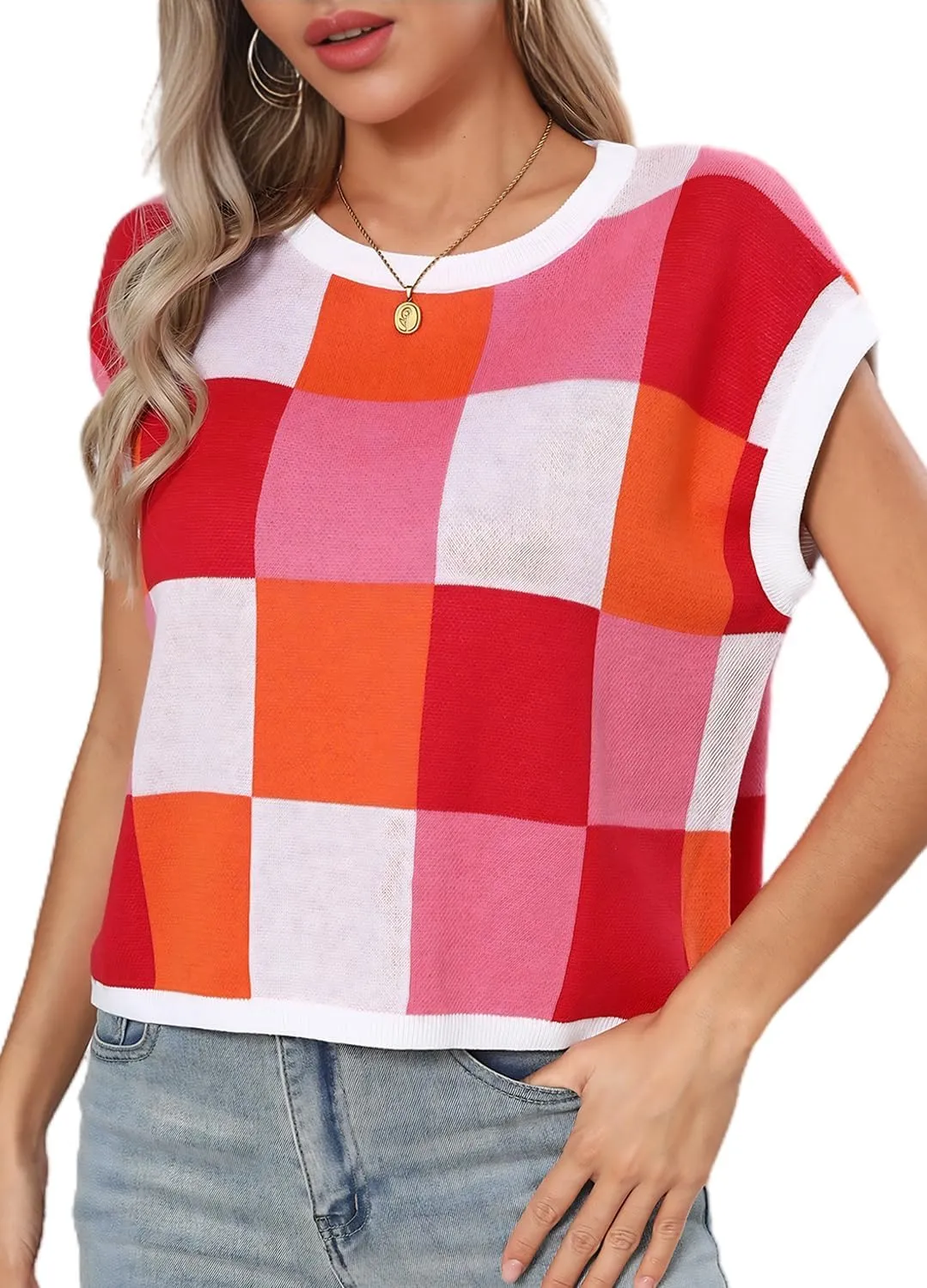 YEXIPO Womens Cap Sleeve Crop Tops Summer Color Block Crew Neck Lightweight Casual Knit Pullover Sweaters Trendy T Shirts