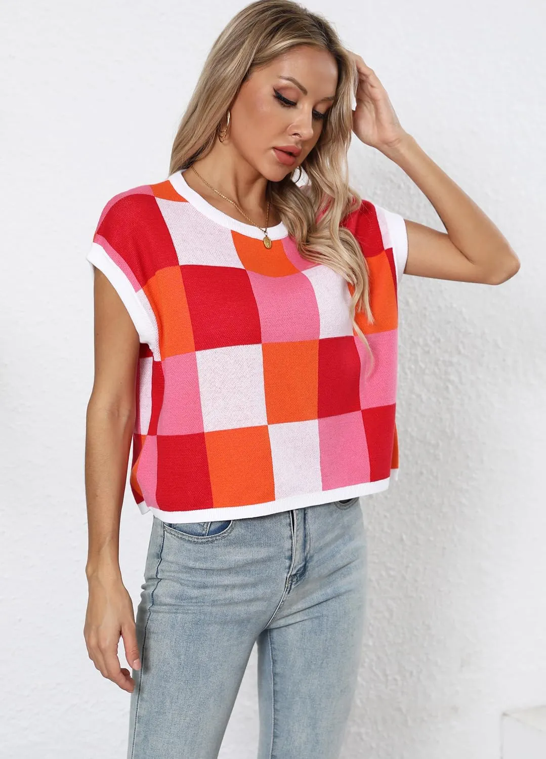 YEXIPO Womens Cap Sleeve Crop Tops Summer Color Block Crew Neck Lightweight Casual Knit Pullover Sweaters Trendy T Shirts