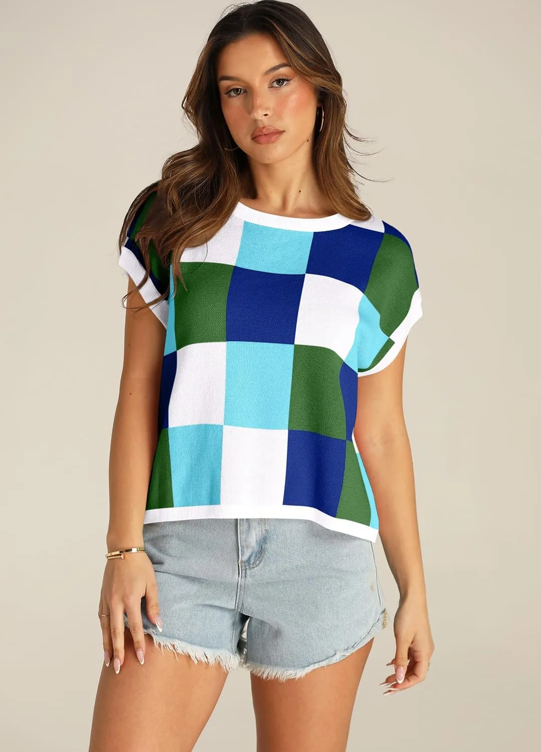 YEXIPO Womens Cap Sleeve Crop Tops Summer Color Block Crew Neck Lightweight Casual Knit Pullover Sweaters Trendy T Shirts