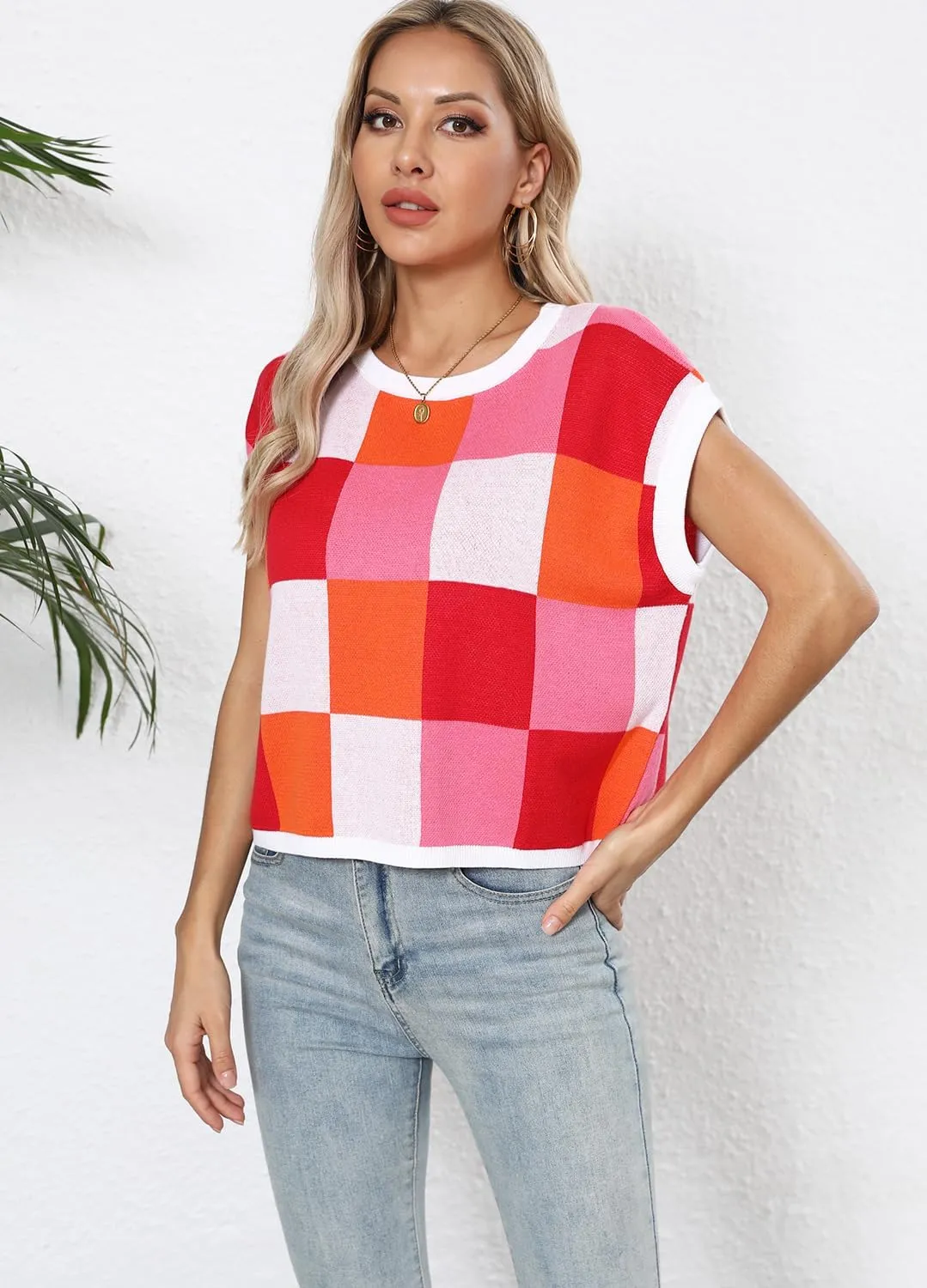 YEXIPO Womens Cap Sleeve Crop Tops Summer Color Block Crew Neck Lightweight Casual Knit Pullover Sweaters Trendy T Shirts