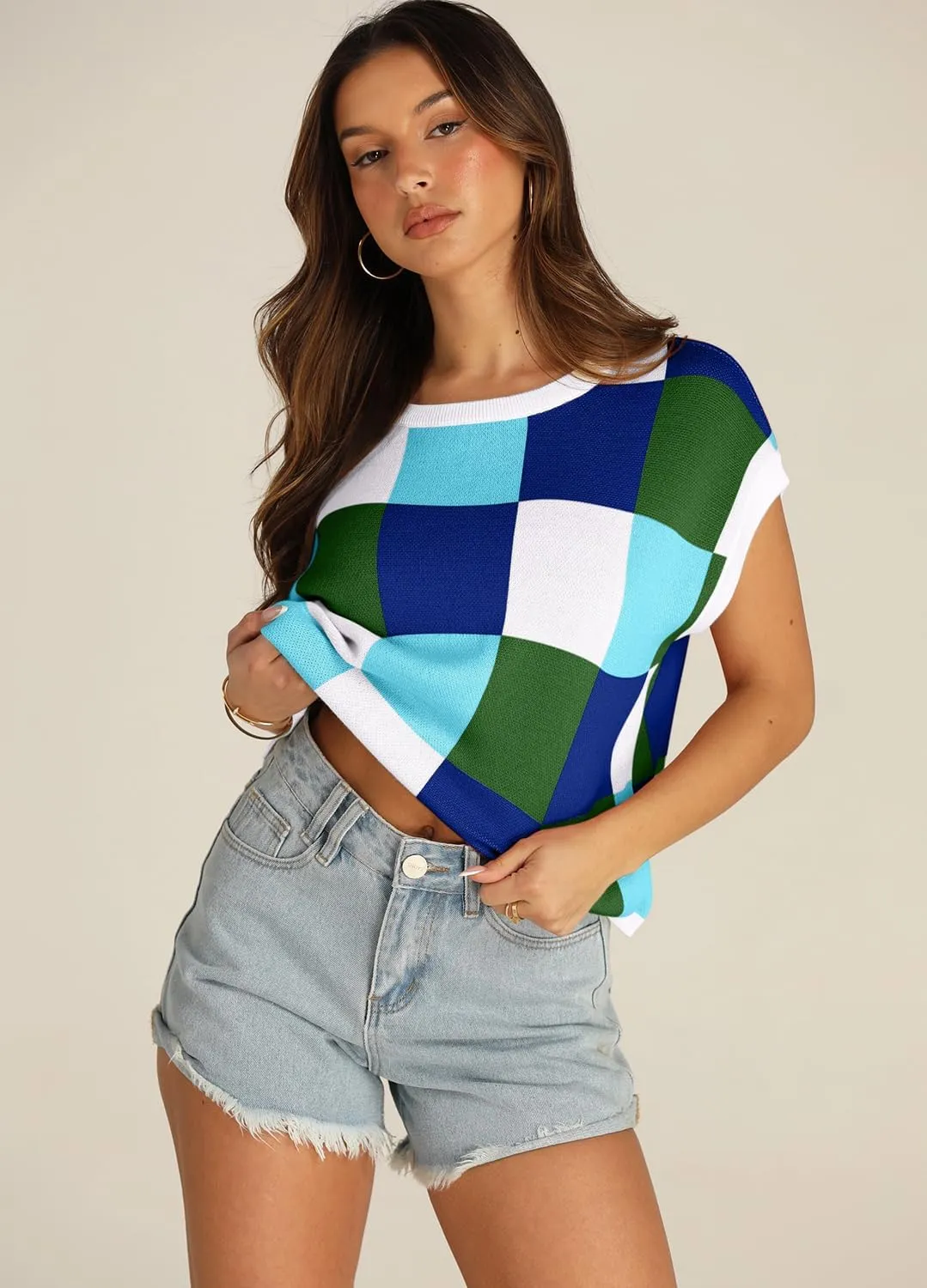 YEXIPO Womens Cap Sleeve Crop Tops Summer Color Block Crew Neck Lightweight Casual Knit Pullover Sweaters Trendy T Shirts