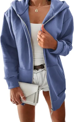 Yousify Women Casual Full Zip Up Plush Hoodie Comfy Loose Solid Sweatshirt Long Sleeve Jacket with Pockets