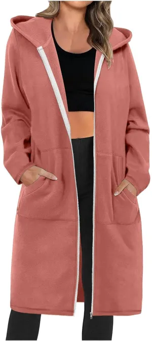 Zip Up Hoodies for Women Oversized Long Sleeve Sweatshirts Casual Fleece Hooded Coat Fall Long Jacket with Pockets