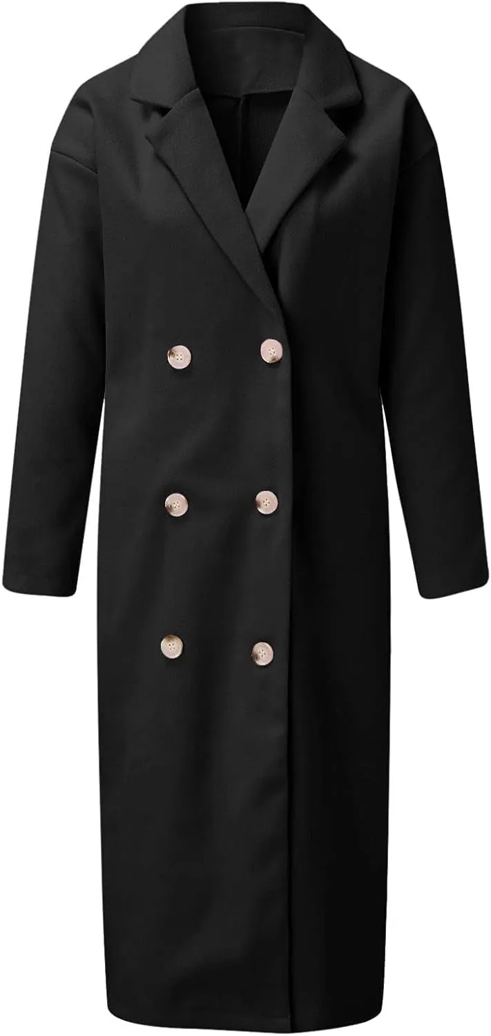 ZWRXW Classic Wool Blend Pea Coats for Women Notch Lapel Double Breasted Overcoat Winter Fashion Long Trench Outwear Coat