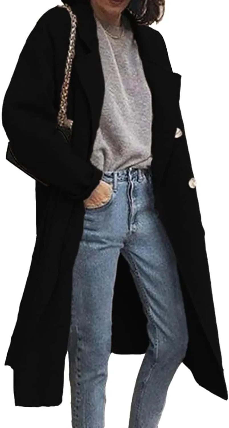 ZWRXW Classic Wool Blend Pea Coats for Women Notch Lapel Double Breasted Overcoat Winter Fashion Long Trench Outwear Coat
