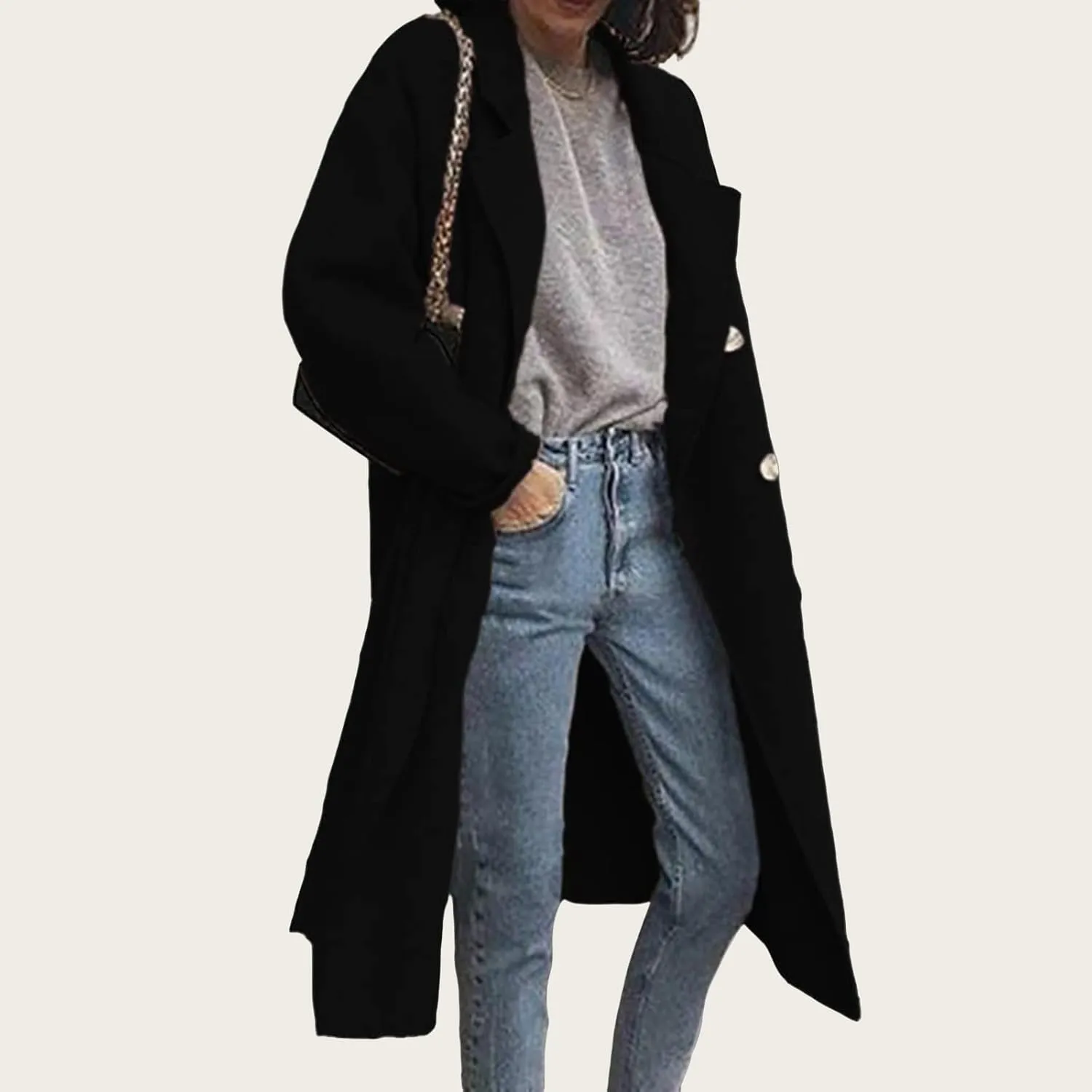 ZWRXW Classic Wool Blend Pea Coats for Women Notch Lapel Double Breasted Overcoat Winter Fashion Long Trench Outwear Coat