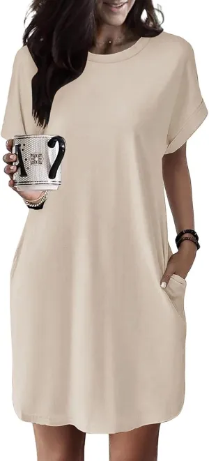 ZWRXW T Shirt Dresses for Women 2024 Summer Short Sleeve Tunic Dress Casual Flowy Swing Dress Baggy House Dress with Pockets